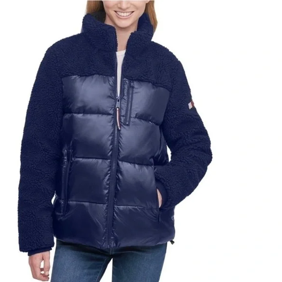 Women’s TOMMY HILFIGER Mixed Media Navy Blue Sherpa Puffer Jacket Coat - Picture 2 of 10